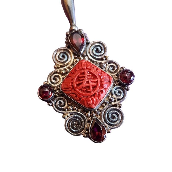 Vintage Signed Sajen 925 Sterling Carved Cinnabar Pendant (A2127) - Picture 2 of 4